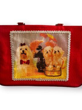 PREZZO Vintage Red Satin Maltese Dog Graphic Tote Bag Purse Pristine EUC